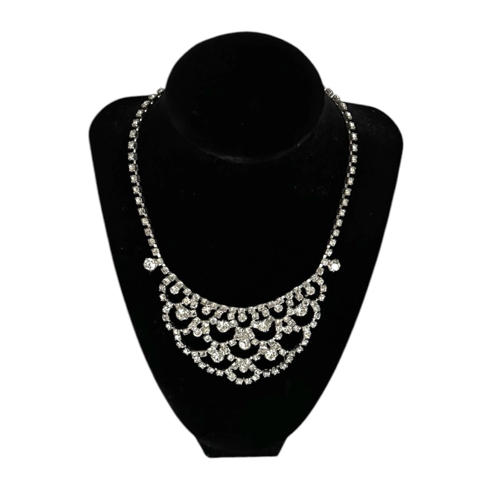 Vintage Silver Rhinestone Chandelier Necklace Old Hollywood Statement Jewelry